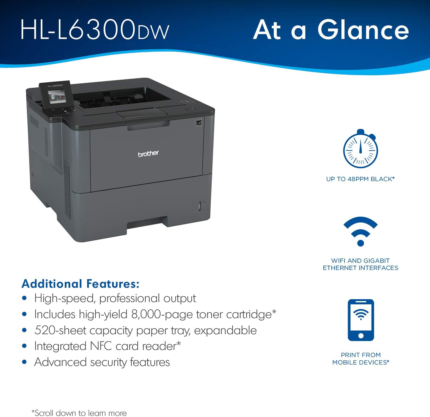 Brother Monochrome Laser Printer, HL-L6300DW, Wireless Networking, Mobile Printing, Duplex Printing, Large Paper Capacity, Cloud Printing, Amazon Dash Replenishment Ready