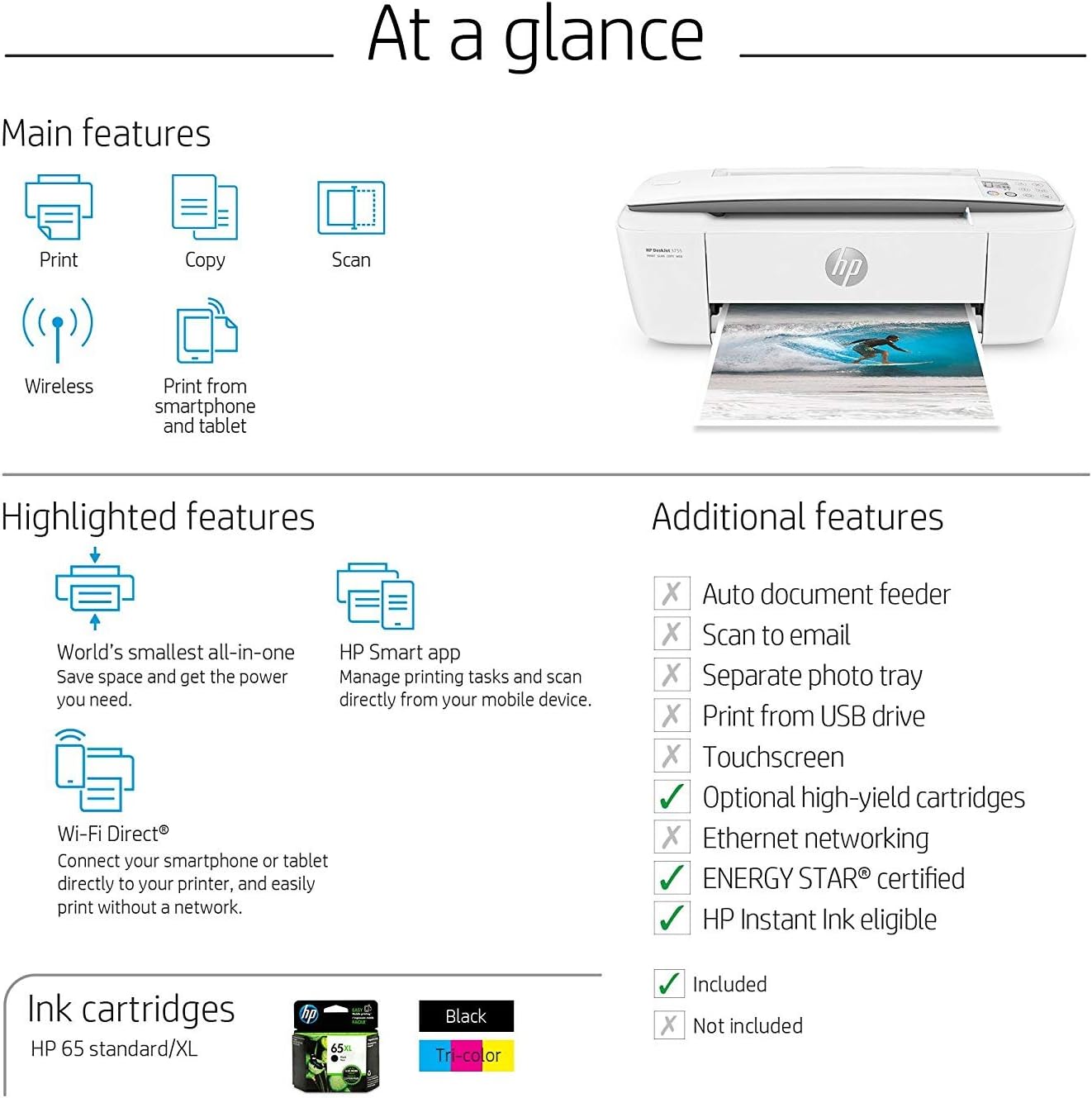 HP DeskJet 3755 Compact All-in-One Wireless Printer, HP Instant Ink, Works with Alexa - Stone Accent (J9V91A)